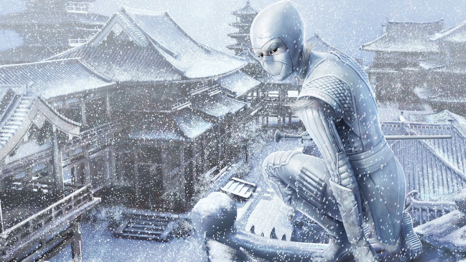 Fantasy-themed Legend of the Five Rings HD desktop wallpaper featuring a masked warrior crouched on a snowy rooftop overlooking a traditional Japanese village during a snowstorm.