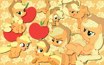 Applejack from the TV show My Little Pony: Friendship Is Magic in multiple playful poses among red apples on a yellow floral background — HD PC desktop wallpaper and background.