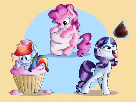 A 4K Ultra HD My Little Pony: Friendship Is Magic wallpaper featuring Rainbow Dash in a cupcake, Pinkie Pie wrapped in a swirl, and Rarity with a teardrop-shaped mark.