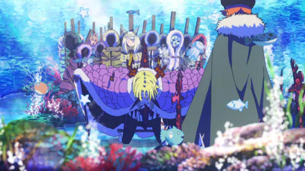 HD PC desktop wallpaper of Chronoire Schwarz VI and the Witch Craft Works cast from Weekend (Witch Craft Works), anime scene of magical cloaks amid vibrant coral and floating creatures