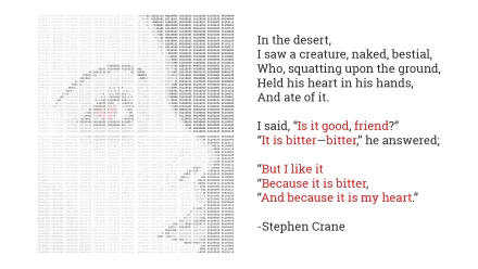 A minimalist HD wallpaper featuring artistic typography and binary code. The text, inspired by Stephen Crane, explores themes of existence and emotion with a striking visual design.