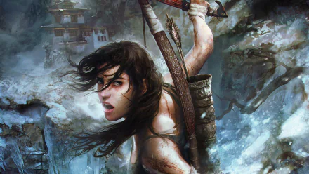 HD PC desktop wallpaper featuring Lara Croft from the Tomb Raider video game, set against a dramatic, stormy background with ancient ruins.