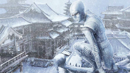 Fantasy-themed Legend of the Five Rings HD desktop wallpaper featuring a masked warrior crouched on a snowy rooftop overlooking a traditional Japanese village during a snowstorm.