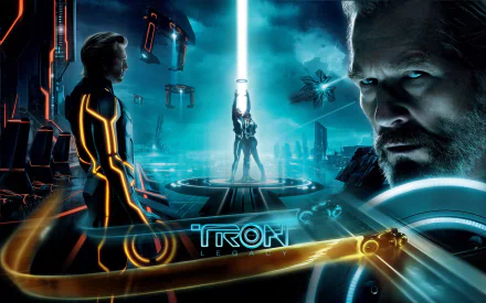 Movie TRON: Legacy HD PC desktop wallpaper showing a neon-blue digital arena, light-suit riders, a central figure in a vertical energy beam and a looming close-up of an older man's face.