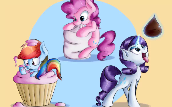 A 4K Ultra HD My Little Pony: Friendship Is Magic wallpaper featuring Rainbow Dash in a cupcake, Pinkie Pie wrapped in a swirl, and Rarity with a teardrop-shaped mark.