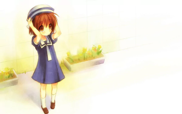 A charming HD wallpaper featuring Ushio Okazaki from the anime Clannad, depicting her in a blue dress and hat, set against a softly illuminated background with flowers.