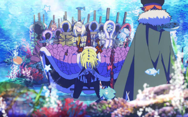 HD PC desktop wallpaper of Chronoire Schwarz VI and the Witch Craft Works cast from Weekend (Witch Craft Works), anime scene of magical cloaks amid vibrant coral and floating creatures