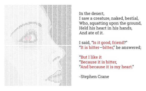 A minimalist HD wallpaper featuring artistic typography and binary code. The text, inspired by Stephen Crane, explores themes of existence and emotion with a striking visual design.
