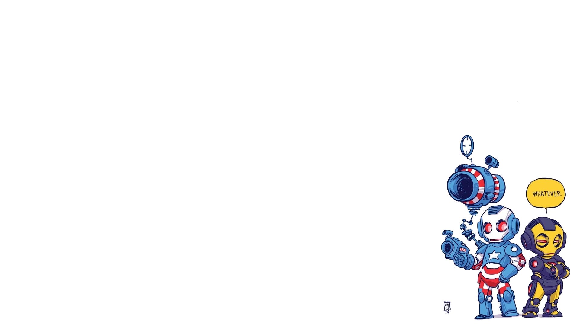 HD PC desktop wallpaper background: comic-style Iron Patriot and Iron Man chibi characters clustered at bottom-right on a clean white field.