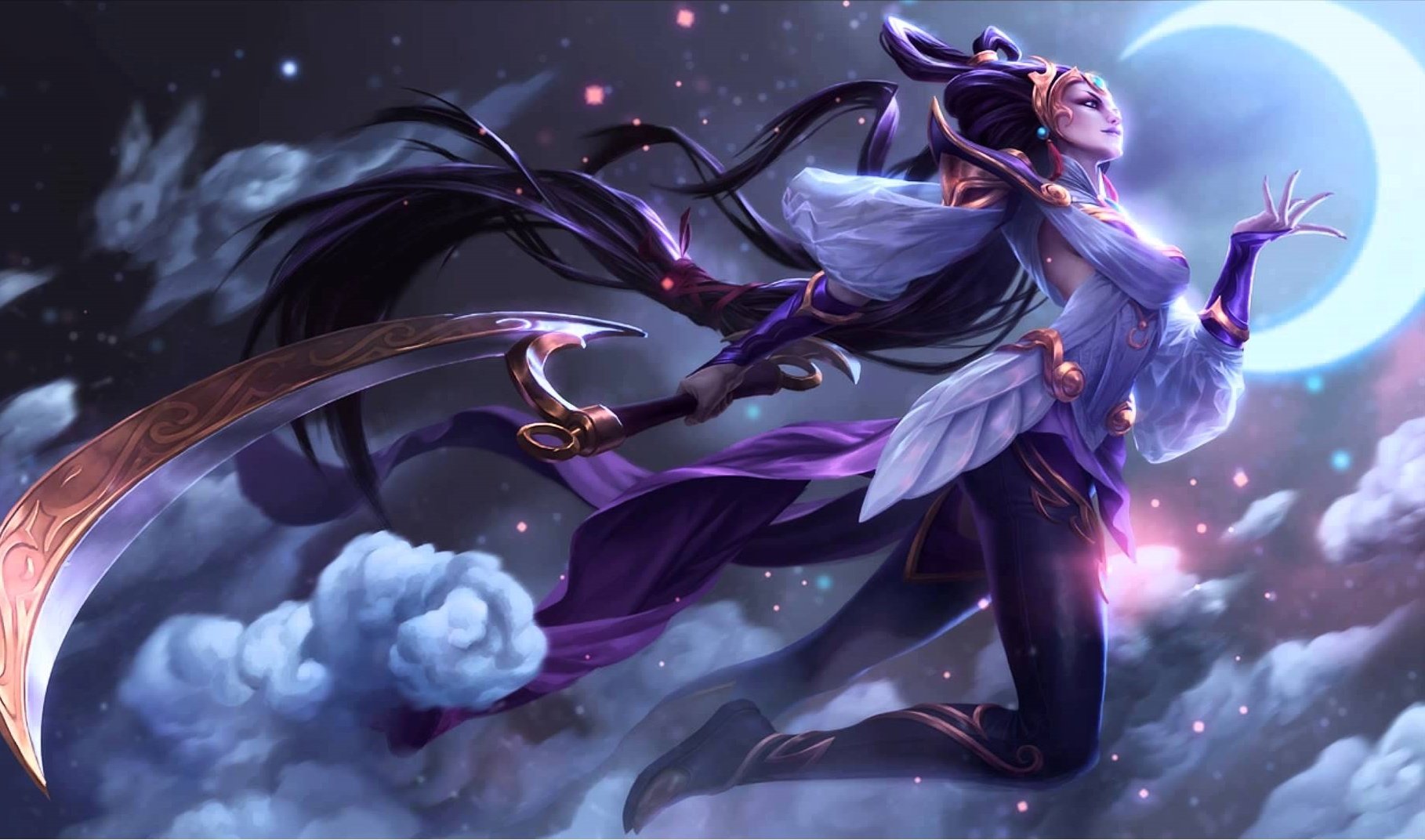 Diana (League of Legends) levitating in moonlit robes above clouds with a glowing crescent — HD PC desktop wallpaper/background, video game League of Legends.