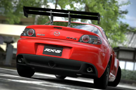 HD desktop wallpaper featuring a red Mazda RX-8 sports car parked outdoors with trees and buildings in the background.