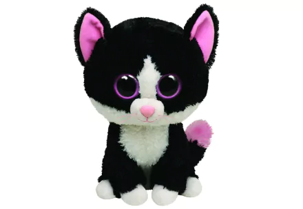 HD PC desktop wallpaper showing a cute man-made Beanie Boos plush cat with black, white, and pink colors and large purple eyes.