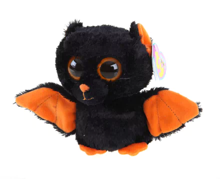 HD desktop wallpaper featuring a man-made Beanie Boos plush of a black and orange bat with large eyes and spread wings.