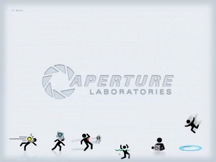A sleek HD wallpaper featuring stylized characters and the Aperture Laboratories logo from the video game Portal, showcasing iconic elements of the innovative puzzle-platformer.