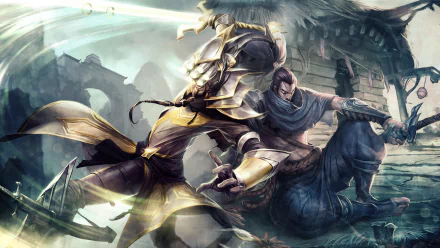 HD desktop wallpaper featuring Ionia's Yasuo and Master Yi from the video game League of Legends, showcasing a dynamic battle scene with vivid details.
