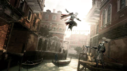 HD PC desktop wallpaper featuring a dynamic scene from the video game Assassin's Creed II, with the protagonist leaping between buildings in a historic Venetian setting.