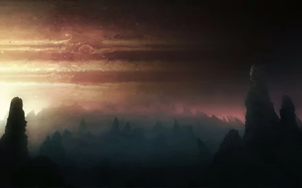HD PC desktop wallpaper showcasing a sci-fi inspired, atmospheric landscape under the glowing bands of Jupiter's swirling clouds and distant horizon.