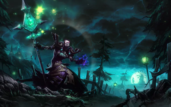 8K Ultra HD World of Warcraft PC wallpaper depicting a dark, eerie landscape with a menacing undead mage wielding a glowing staff under a stormy, moonlit sky.