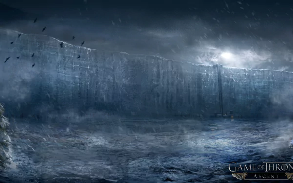 A high-definition desktop wallpaper from the TV show Game of Thrones, featuring a dramatic icy landscape with the iconic Wall under a stormy sky.