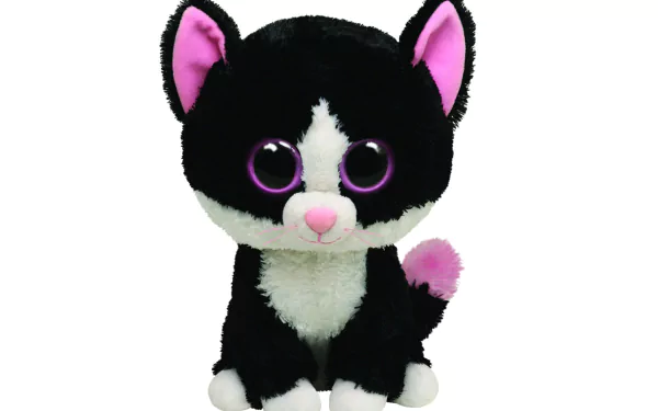 HD PC desktop wallpaper showing a cute man-made Beanie Boos plush cat with black, white, and pink colors and large purple eyes.