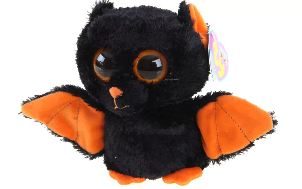 HD desktop wallpaper featuring a man-made Beanie Boos plush of a black and orange bat with large eyes and spread wings.