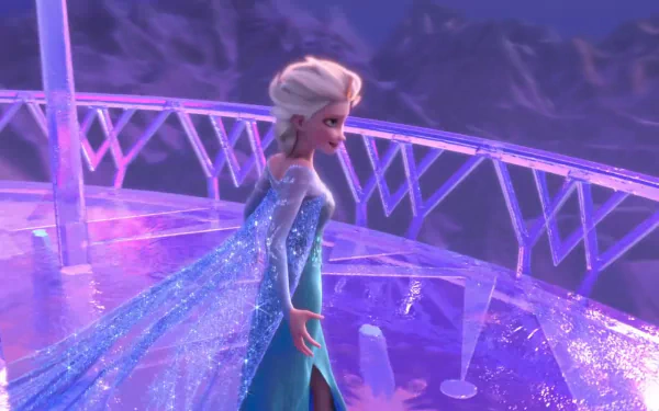 A captivating HD wallpaper featuring Elsa from the movie Frozen, showcasing her in a stunning icy landscape with her signature sparkling blue gown.