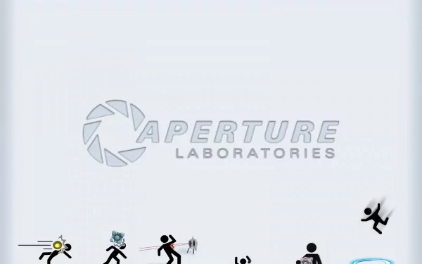 A sleek HD wallpaper featuring stylized characters and the Aperture Laboratories logo from the video game Portal, showcasing iconic elements of the innovative puzzle-platformer.
