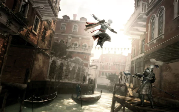 HD PC desktop wallpaper featuring a dynamic scene from the video game Assassin's Creed II, with the protagonist leaping between buildings in a historic Venetian setting.