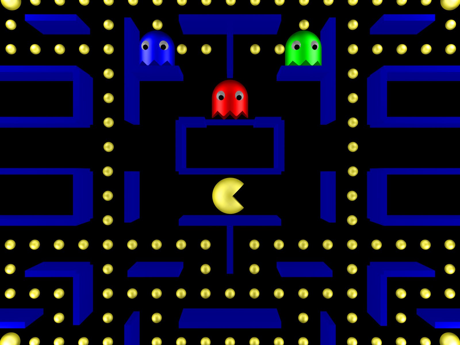 HD PC desktop wallpaper of the video game Pac-Man maze: Pac-Man chomps pellets as red, blue, and green ghosts pursue through neon-blue corridors.