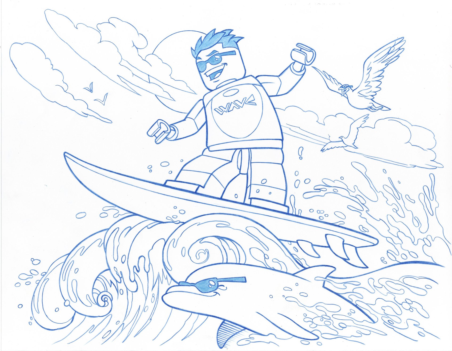 Line-art 2K Quad HD PC desktop wallpaper of a man-made LEGO minifigure surfing waves with a dolphin beneath and a seagull flying overhead.