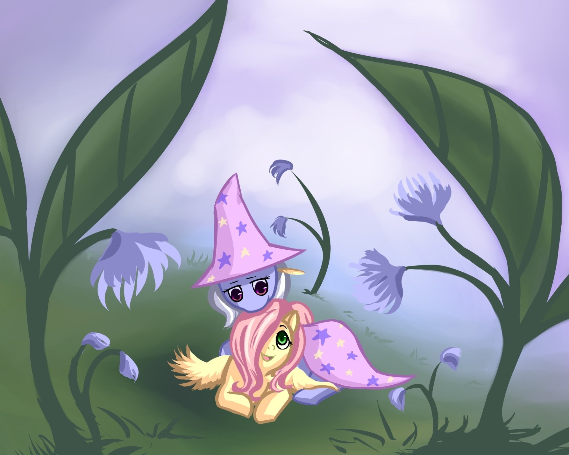 HD PC wallpaper featuring Fluttershy and Trixie from My Little Pony: Friendship Is Magic, set in a whimsical garden with large green leaves and purple flowers.