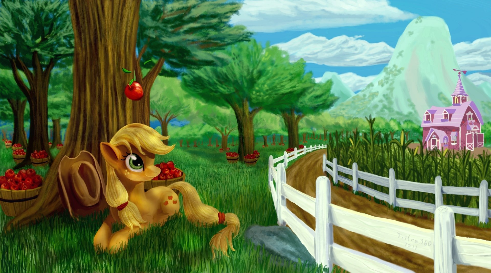 HD PC desktop wallpaper featuring Applejack from My Little Pony: Friendship Is Magic relaxing under a tree in an orchard with a distant castle and blue skies.