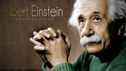 HD desktop wallpaper featuring a thoughtful Albert Einstein, showcasing his iconic hairstyle and expressive hands, with Mohammed Azzan displayed artistically.