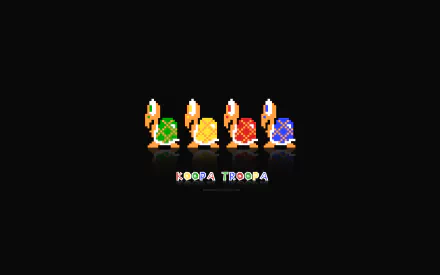 HD PC desktop wallpaper featuring pixel art of colorful Koopa Troopa characters from the Mario Bros. video game series on a black background.