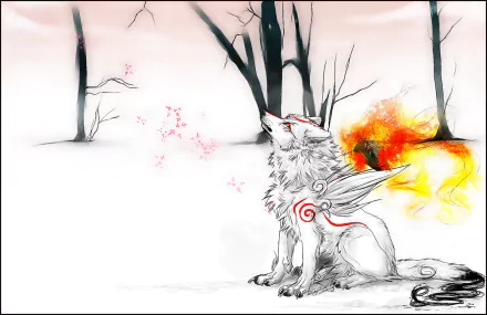 Ōkami video game HD PC desktop wallpaper and background: white wolf Amaterasu with red markings and a flaming solar disc, sitting in a snowy forest with bare trees and drifting cherry blossoms.