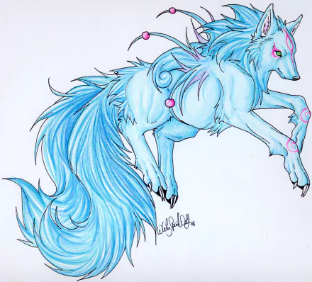 Stylized blue wolf with flowing mane and pink markings leaping on a white background — Ōkami video game HD PC desktop wallpaper/background.