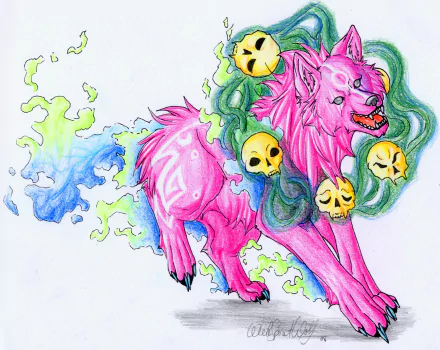 HD PC desktop wallpaper of Ōkami-inspired pink wolf spirit with flowing green mane adorned with yellow skull charms, cyan flame trail and stylized ink-brush markings.