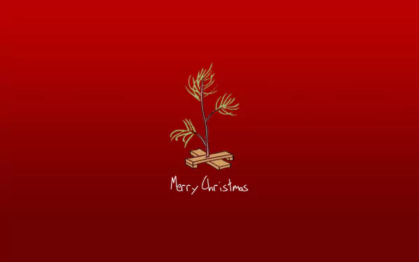 Peanuts comic HD PC desktop wallpaper: sparse Charlie Brown Christmas tree sapling centered on a deep red background with handwritten Merry Christmas beneath.