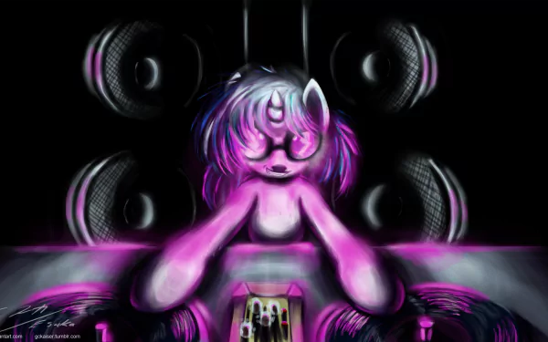 HD desktop wallpaper featuring DJ Pon-3 from the TV show My Little Pony: Friendship Is Magic, depicted as a vibrant, glowing pony DJing with speakers in the background.