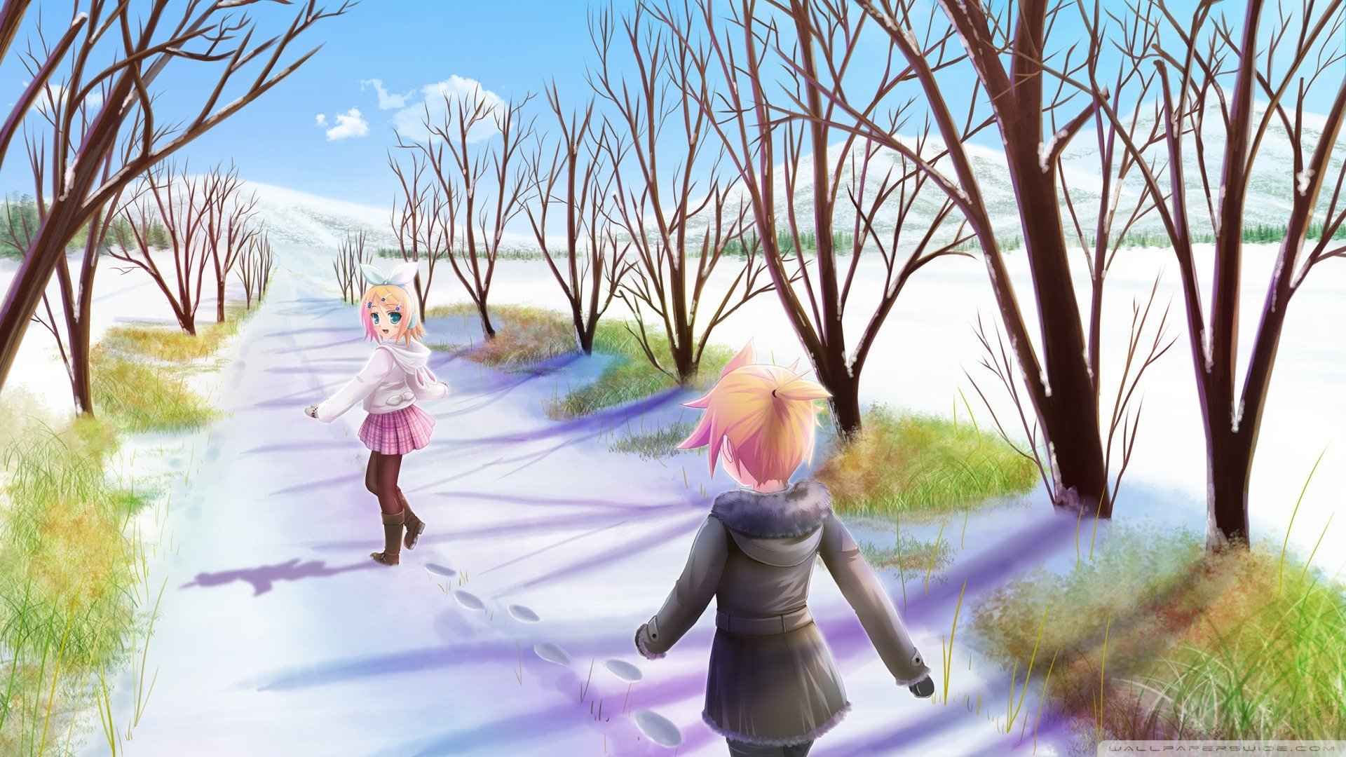 A vibrant winter scene featuring Len and Rin Kagamine from Vocaloid, walking along a snow-covered path flanked by bare trees, showcasing a beautiful anime aesthetic.