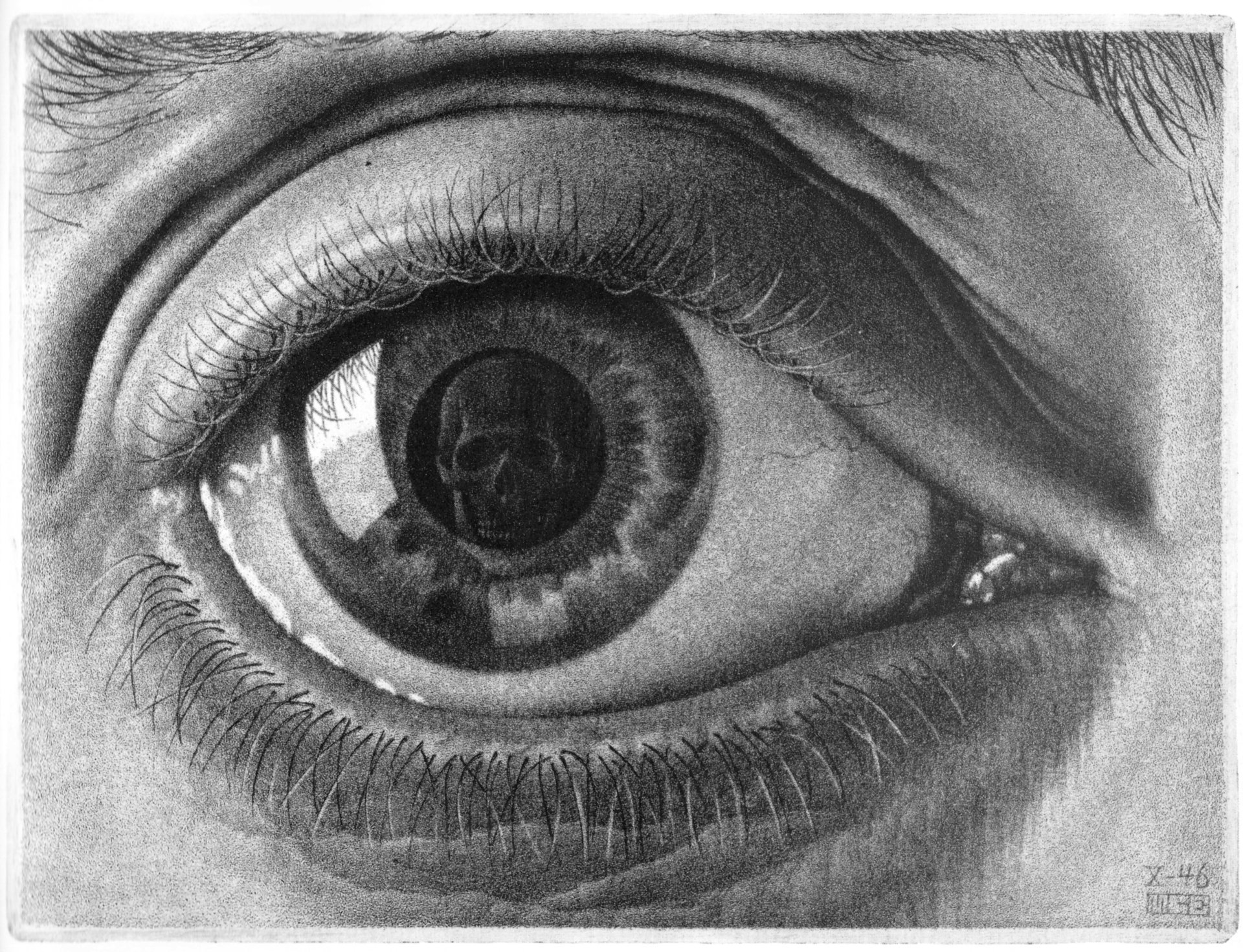 Close-up of a detailed grayscale eye with a skull reflected in the pupil, rendered as a dark-themed 4K Ultra HD PC desktop wallpaper.