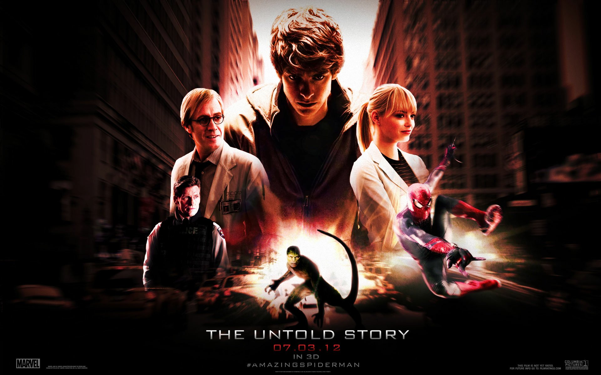 HD wallpaper featuring characters from The Amazing Spider-Man. The image showcases the film's theme with a dramatic backdrop and key scenes, highlighting the untold story of Spider-Man.