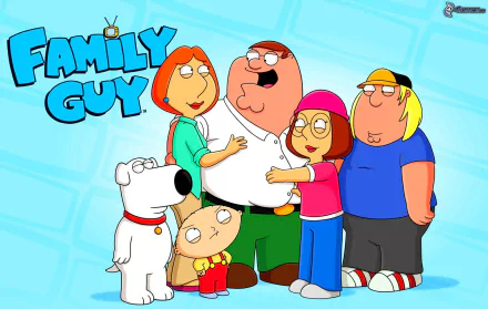 HD PC desktop wallpaper featuring the Family Guy TV show characters Peter, Lois, Meg, Chris, Stewie, and Brian against a blue background.