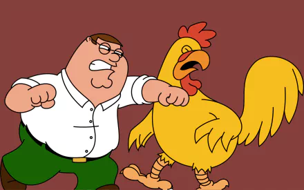 2K Quad HD PC wallpaper of TV show Family Guy: Peter Griffin mid-punch fighting a giant chicken, bold flat cartoon colors, action-packed desktop background.