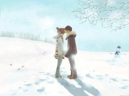 Anime characters Motoharu Yano and Nanami Takahashi share a moment in a snowy landscape. Image features soft winter colors and is from the series Bokura ga Ita (We Were There), serving as an HD desktop wallpaper.