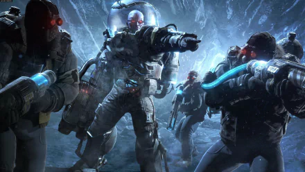 Batman: Arkham Origins HD PC desktop wallpaper — Mr. Freeze and armored henchmen fire freeze-guns in a blue-lit icy cavern, cinematic video game action background.