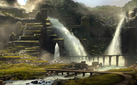 HD fantasy cityscape wallpaper depicting ancient stone structures built into cliffs with cascading waterfalls and a serene river below.