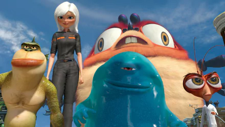 HD PC desktop wallpaper featuring B.O.B. and other characters from the movie Monsters vs. Aliens against a bright blue sky background.