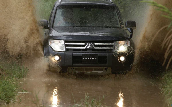 Mitsubishi Pajero driving through muddy water, captured in an HD PC desktop wallpaper showcasing the vehicle's rugged off-road capability.