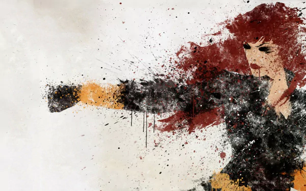 HD comic-style Black Widow desktop wallpaper featuring dynamic splattered paint effects and vibrant red hair against a light background.